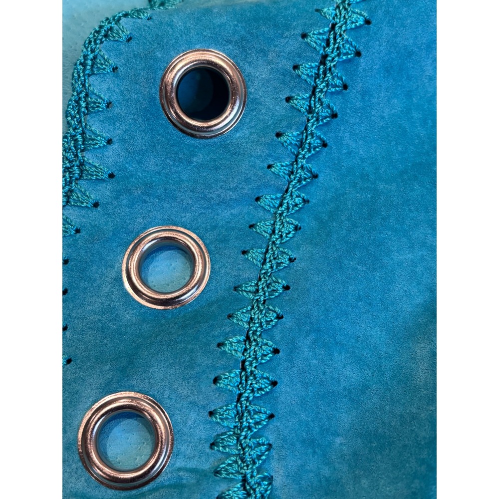 Cache Turquoise Blue Genuine Suede Leather Grommet Crochet Trim Jacket Medium - Picture 10 of 16